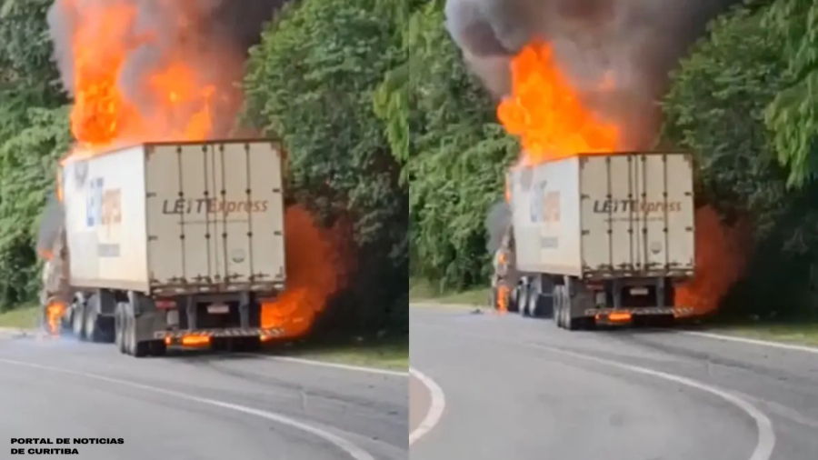 Incêndio em Caminhão Bloqueia BR-376 e Carga é Saqueada em Guaratuba